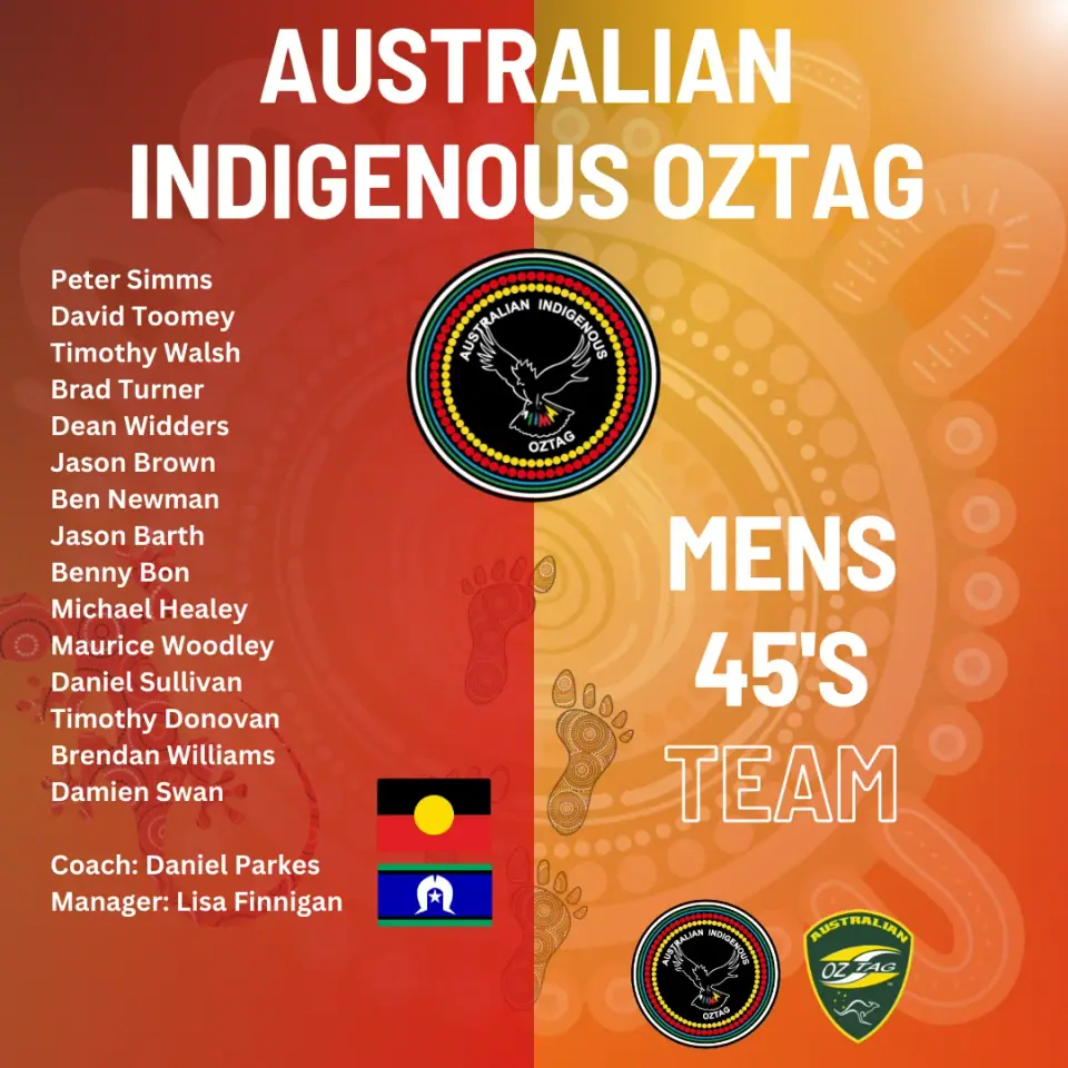 AIO Mens 45's 2024 team announcement card listing the players