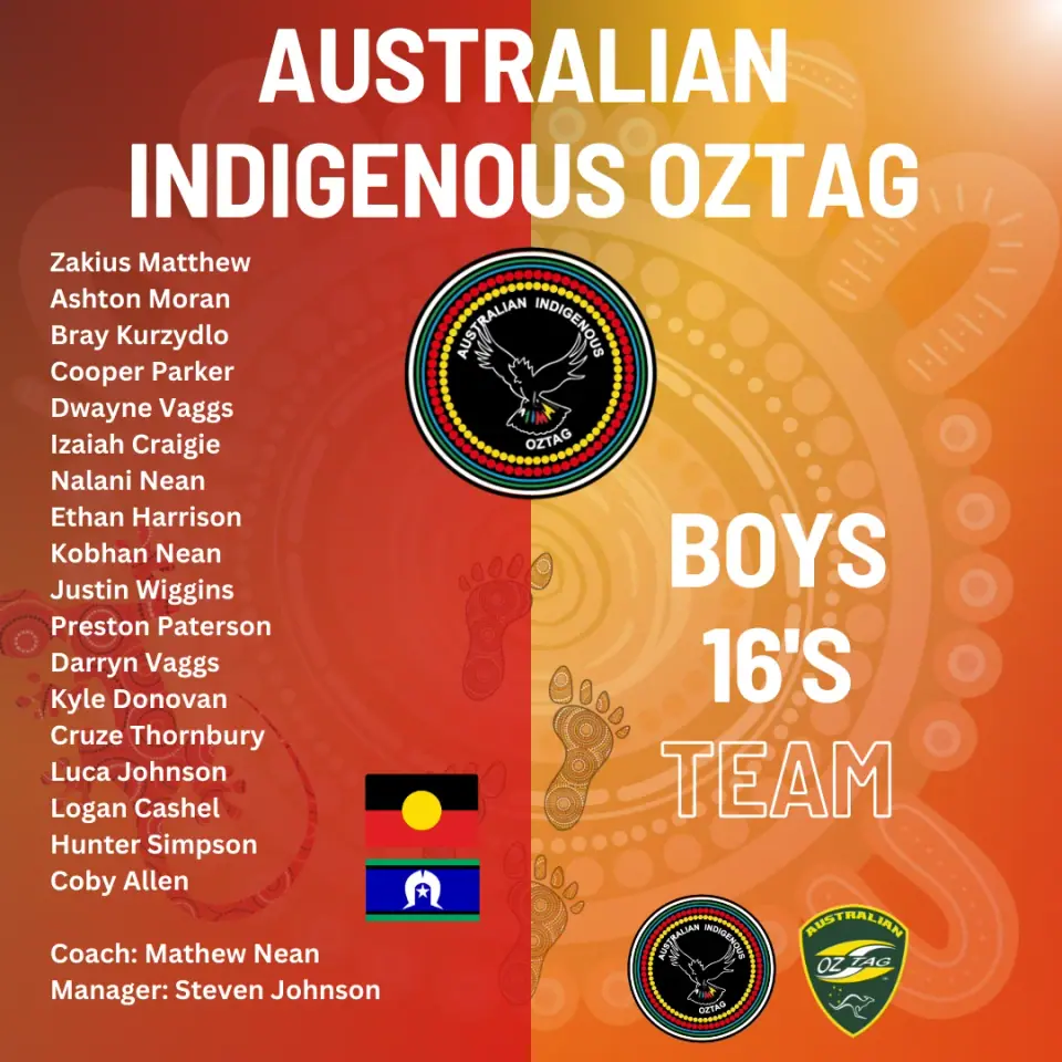 AIO Boys 16's 2024 team announcement card listing the players