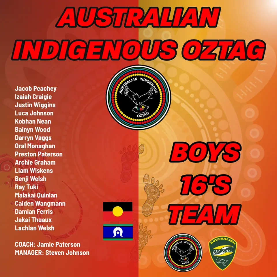 AIO Boys 16's 2025 team announcement card listing the players