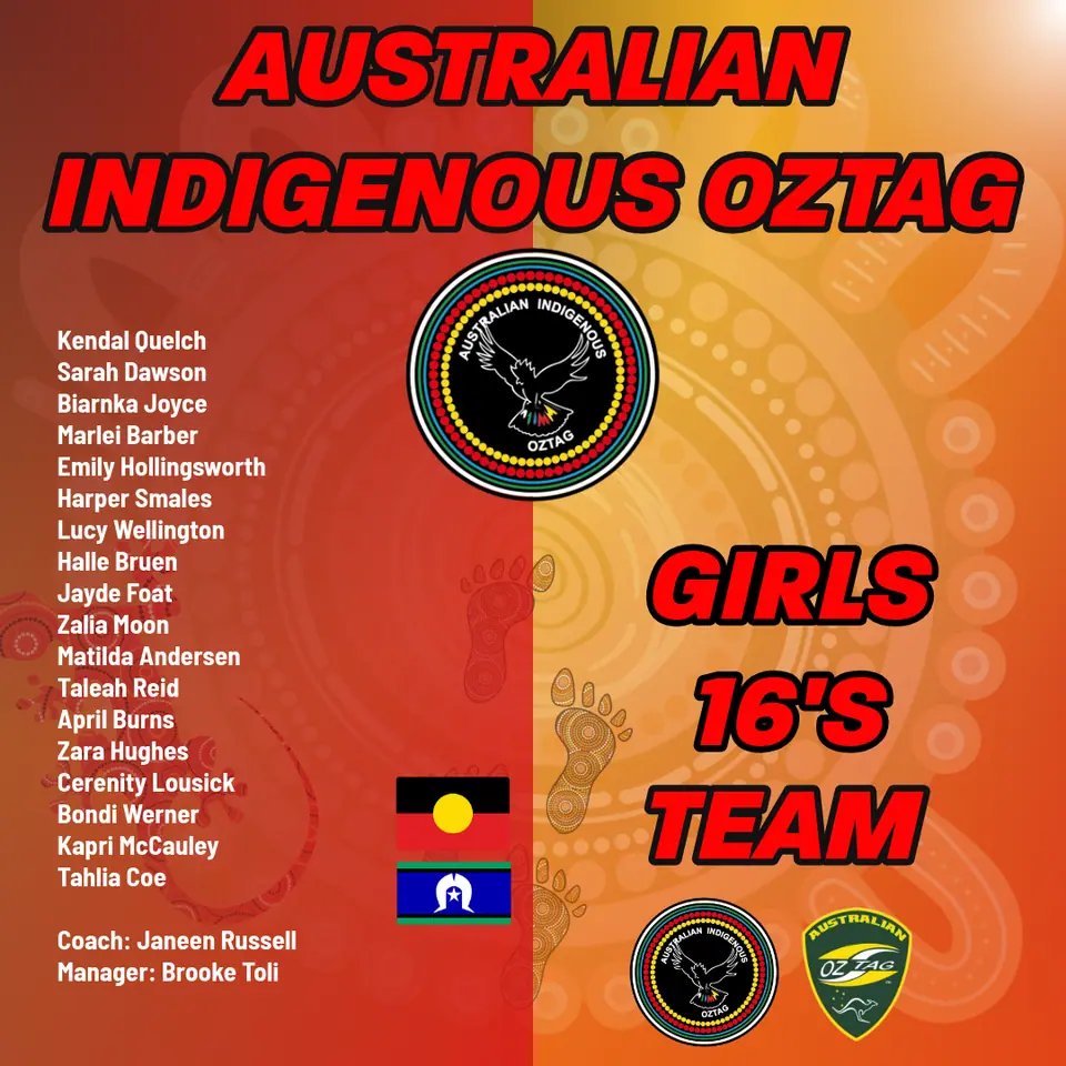 AIO Girls 16's 2025 team announcement card listing the players