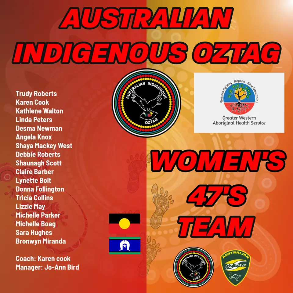 AIO Women's 47's 2025 team announcement card listing the players